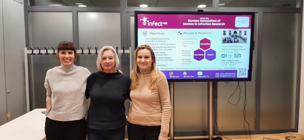 Foto: Drei Frauen stehen nebeneinander vor einer Bildschirmpräsentation von Infect-Net. Die Frauen sind von links nach rechts die Malaria-Forscherinnen Dr. Silvia Portugal, Prof. Dr. Gabriele Pradel und Dr. Elena Levashina.