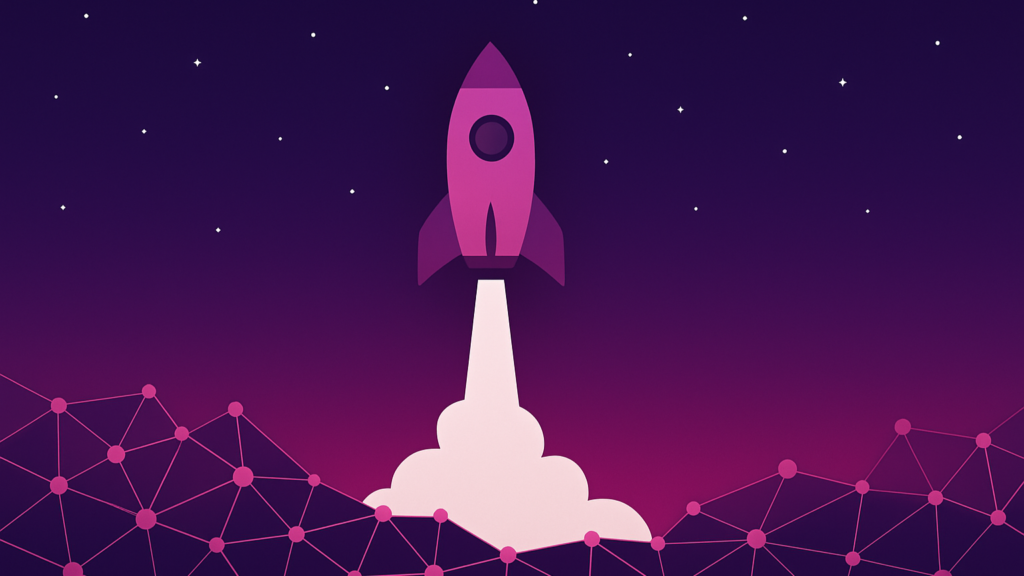 Stilisierte Illustration einer Rakete, die aus einem dichten Netzwerk aus verbundenen Punkten in den Weltraum startet – Symbol für Weiterentwicklung, Vernetzung und Aufbruch von Infect-Net.